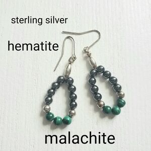 Handmade Loop Earrings Sterling Silver, Malachite And Hematite